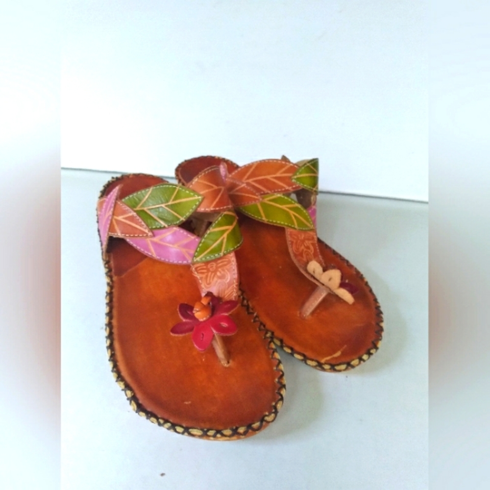 Spring Step‎ Leather Flower Thong Sandals Wedge Heel Comfort Brown Size
